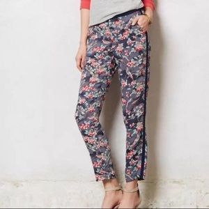 Anthropologie Elevenses Women’s Blue Floral Bird Tapered Tuxedo Pants